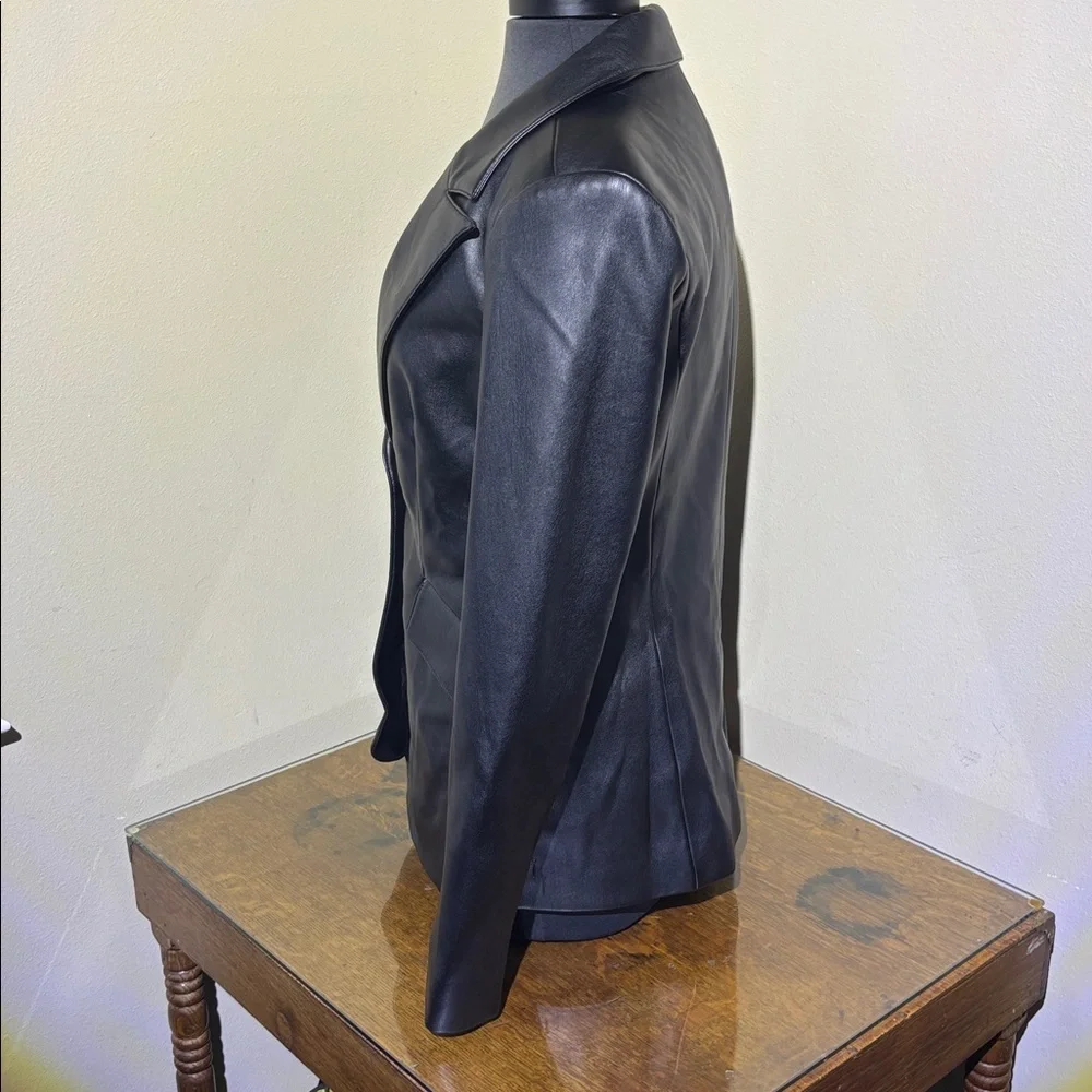 Good American Black Faux Leather Sculpted Blazer, Zipper detail on arms, size 2